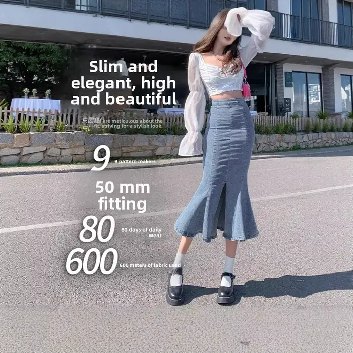 Jupe en jean mi-longue silhouette sirène tendance pour femmes été printemps soirée élégante ocassions variées