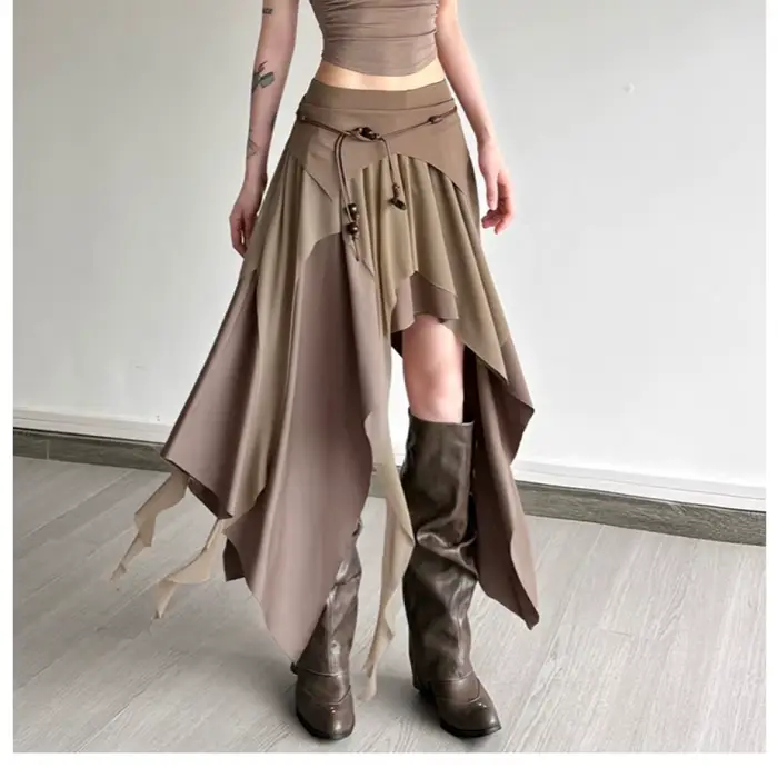 Froncé élégant jupes longues femmes haute rue Style solide irrégulière ourlet fendu taille