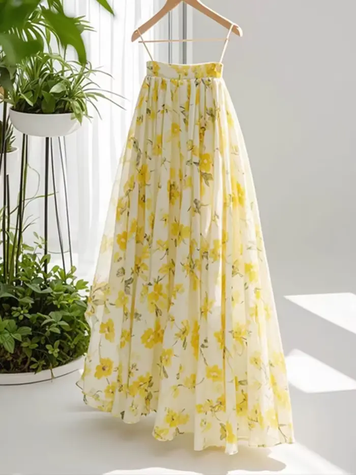 Jupes longues à fleurs jaunes pour femmes, mode ample, taille haute, élégantes, Chic coréen, décontr