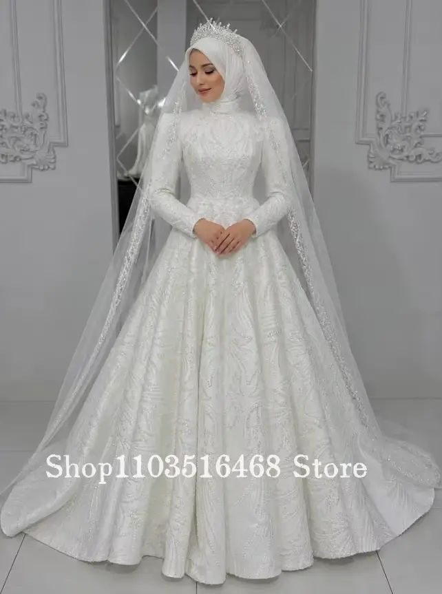 Robe de mariée musulmane personnalisée blanche à manches longues