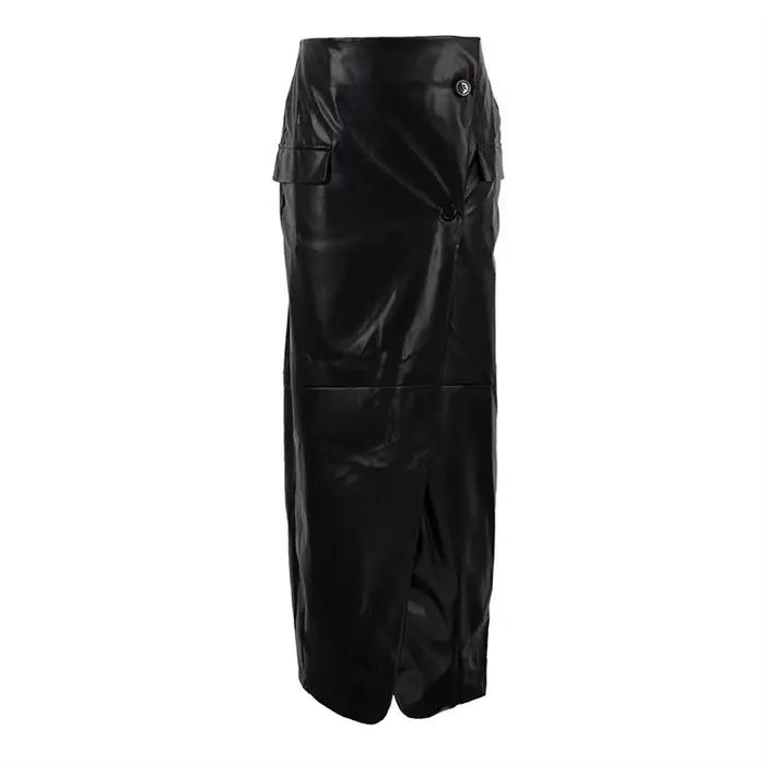 Jupe longue en cuir PU pour femmes, vêtements à la mode, taille haute, fendue, noire, nouvelle colle