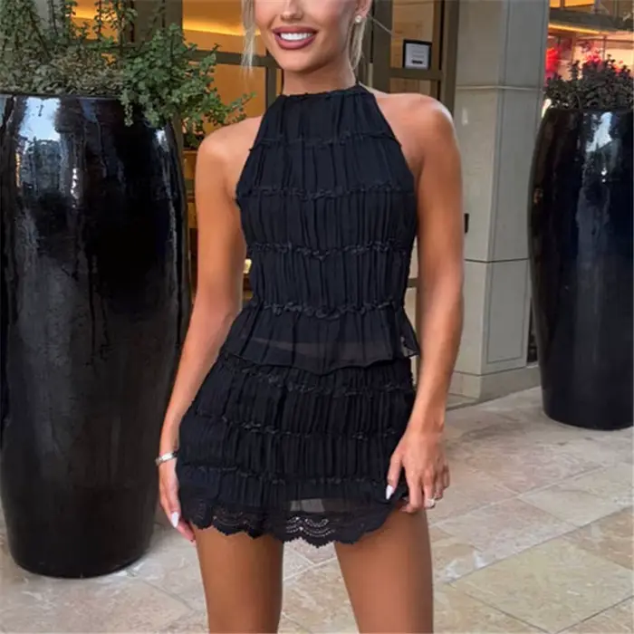 Ensemble jupe deux pièces pour femmes Y2k, dentelle transparente, maille froncée, haut col licou, mi