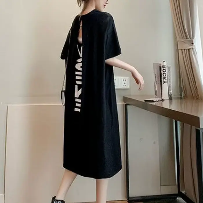 Robe longue droite à col rond pour femmes, robes d'été dos nu, manches courtes, vêtements décontract