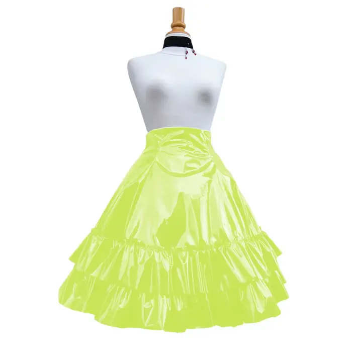 Jupe plissée en cuir PVC brillant vintage, jupe à volants à 2 niveaux, forme ronde douce, longue tro