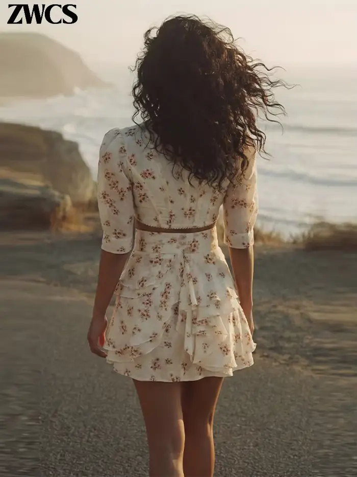Ensemble 2 pièces jupe courte à volants imprimé floral pour femme