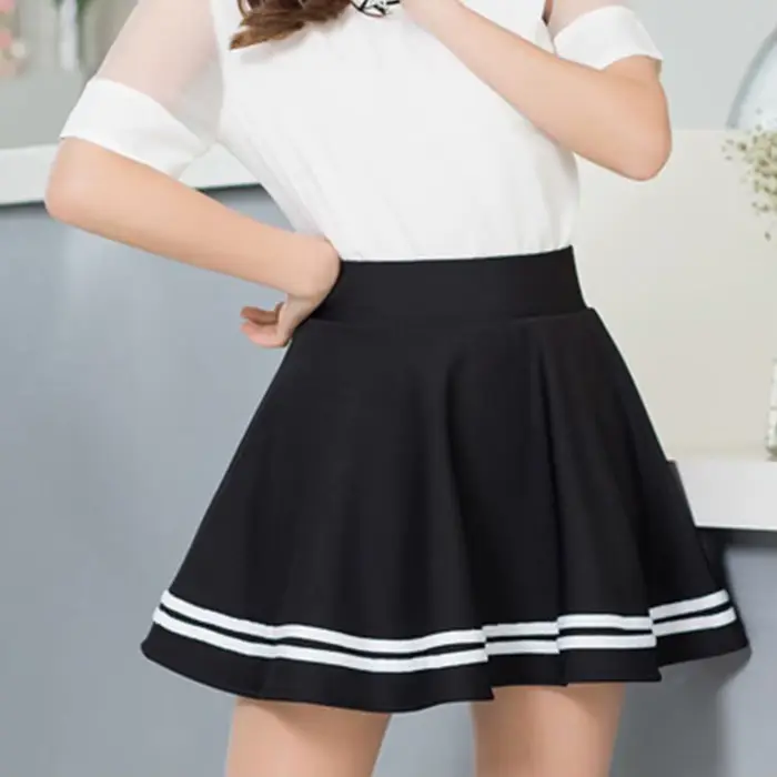 Jupe plissée mi-longue élastique haute à rayures pour femmes, jupe mini trapèze noire et blanche pour filles, style japonais, grandes tailles, occasions spéciales