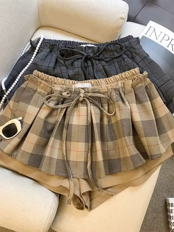Jupe à carreaux taille basse style doux pour femmes