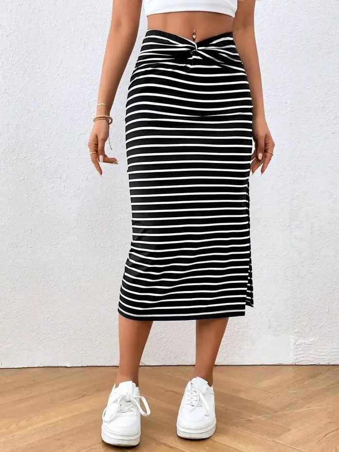 Jupe midi fendue à taille nouée rayée pour femme