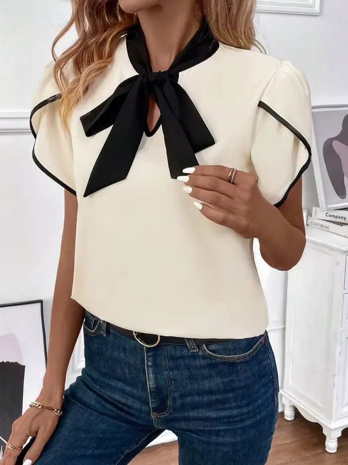 Chemisier Chic Basique Femme Printemps-Été Blanc Crème Noir Col Nœud Papillon Manches Courtes Bouffantes Élégant pour la Saint-Valentin Tenue de Bureau