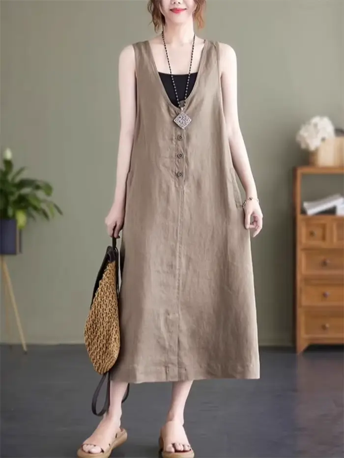 Robe en fibre de lin de coton pour femme, grande taille, décontractée, mince, longueur moyenne, soli