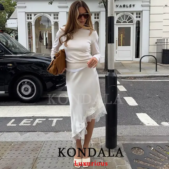 KONDALA décontracté Chic Satin dentelle jupes longues femmes élastique droite longue jupe de fête mode 2025 soirée Club