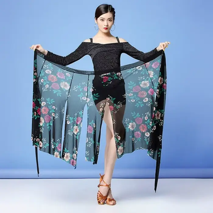 Jupe de danse latine en polyester imprimé floral coloré pour femmes, jupe de danse de salon, tango, salsa, danse de ventre, occasion spéciale