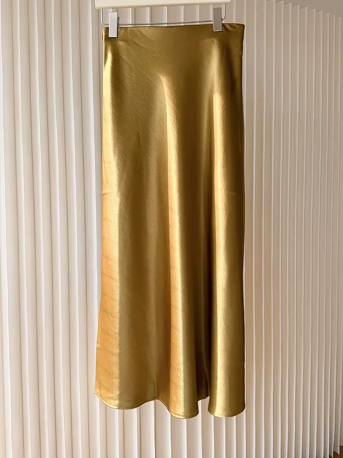 Jupe mi-longue en satin haute brillance pour femme avec fente scintillante, décontractée et élégante pour occasions spéciales