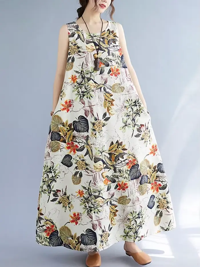 Robe longue décontractée maxi sans manches en coton et lin