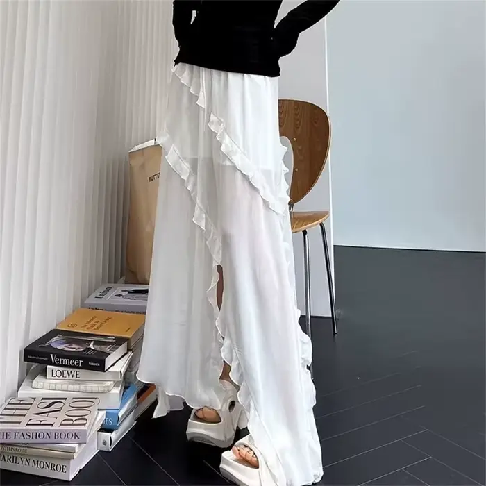 2025 Korean New Irregular High Waist Skirts Vintage Lady White Skirt French Style Fashion Ruffles Sweet