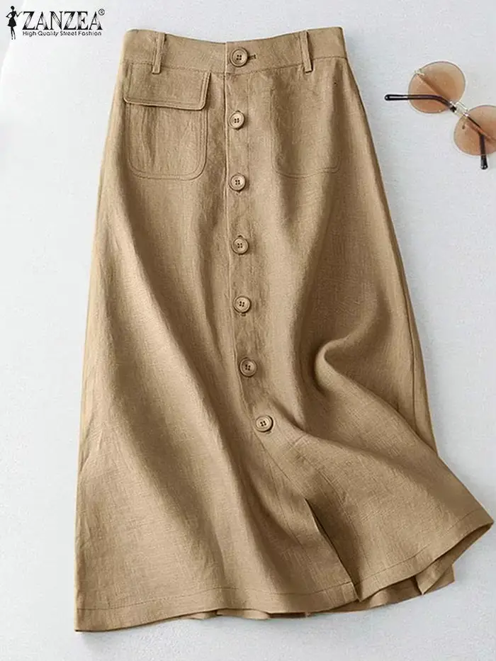 ZANZEA élégant coton Midi jupes décontracté boutonné a-ligne Jupe femmes taille haute