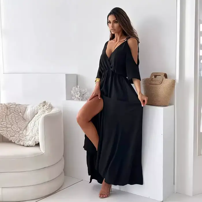 Robe longue décontractée à lacets pour femmes, robe de soirée fluide, col en V uni, manches courtes,
