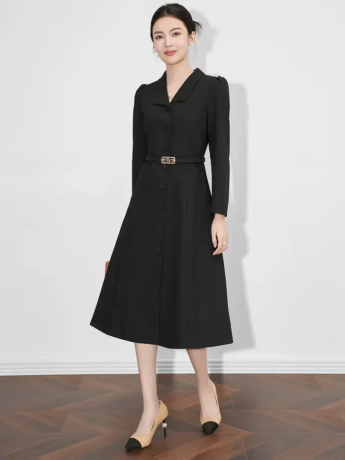 Robe longue à col rabattu pour femme avec ceinture à boutonnage simple