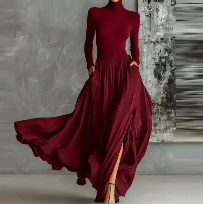 France élégant deux pièces jupe ensemble pour femmes poches solide minimaliste ourlet fendu plissé une ligne Vintage col roulé mince costumes