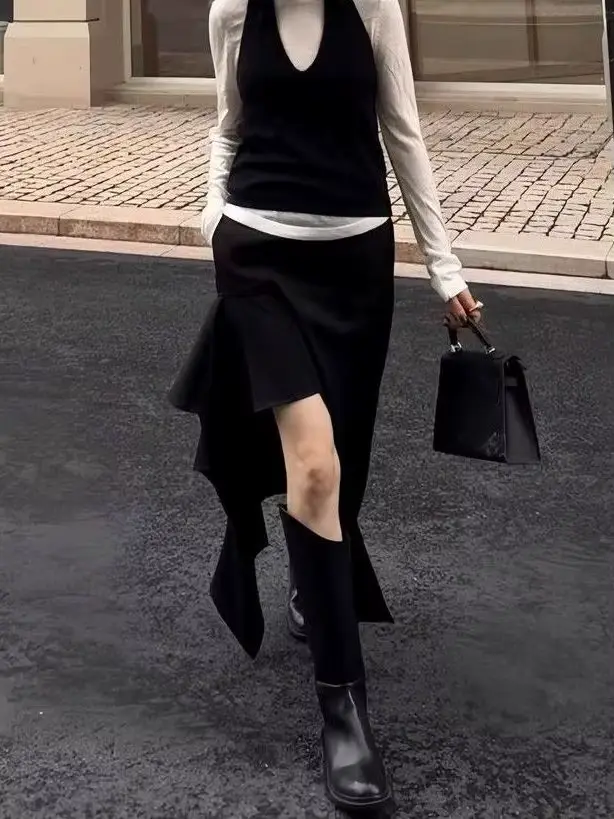 Jupe noire fendue grande taille pour femme, taille haute, coupe ajustée, design original, asymétriqu
