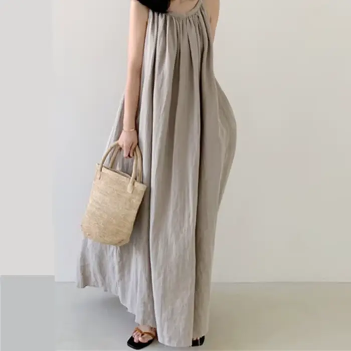 REALEFT-Robe Longue en Coton et Lin Précieux pour Femme, Vintage, Col Rond, Sans Bretelles, Nouvelle