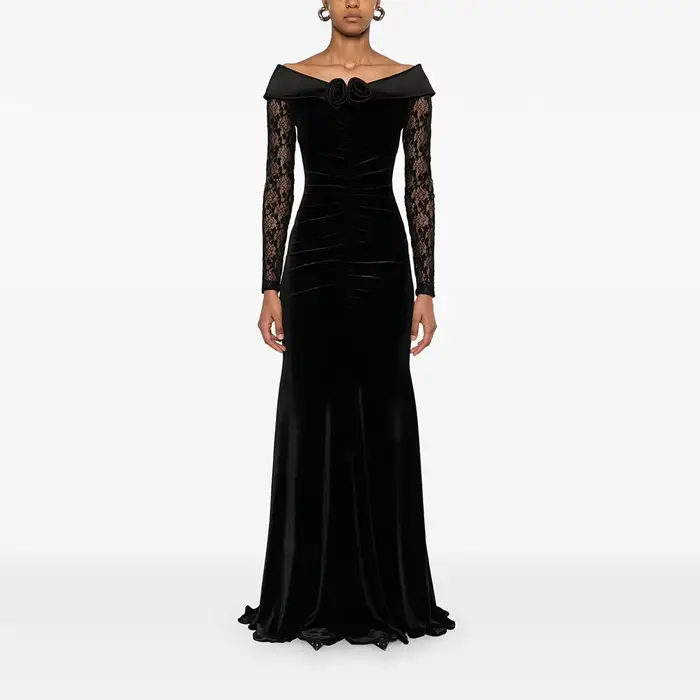 Robes de soirée noires simples, épaules dénudées, manches longues, robes de bal élégantes longues ju