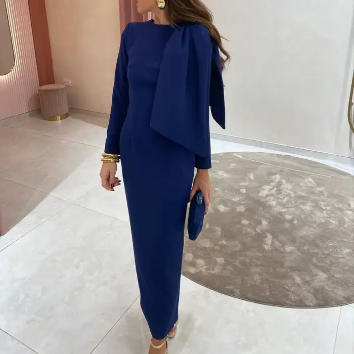 Robe Maxi à manches longues avec nœud pour femme, moulante, Slim, Style élégant, adaptée aux invités