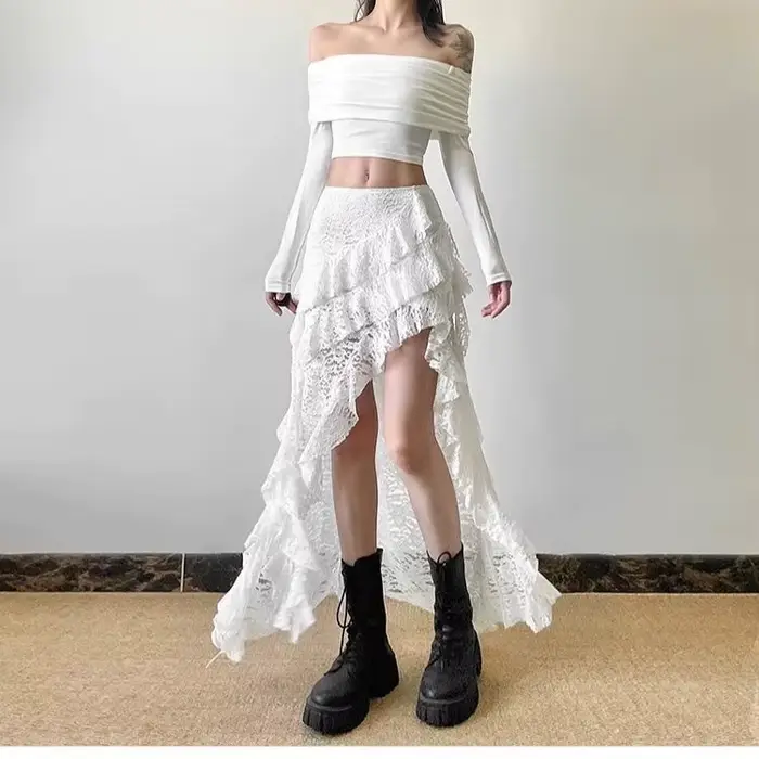 Jupe longue taille haute en dentelle douce blanche cousue à ourlet à volants pour femme