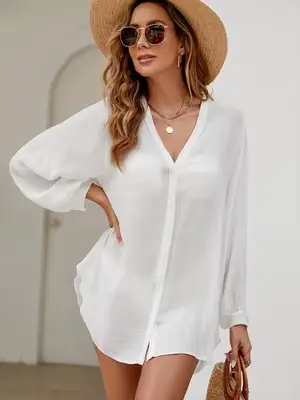 Robe de plage blanche texturée à manches longues pour femme, col en V, boutonnée, manches ballon, ou