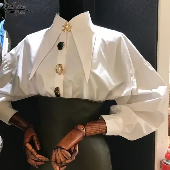 Chemise Magesuek en polyester avec col rabattu pour femmes, manches lanternes, coupe régulière, décontractée et élégante pour les occasions professionnelles et quotidiennes