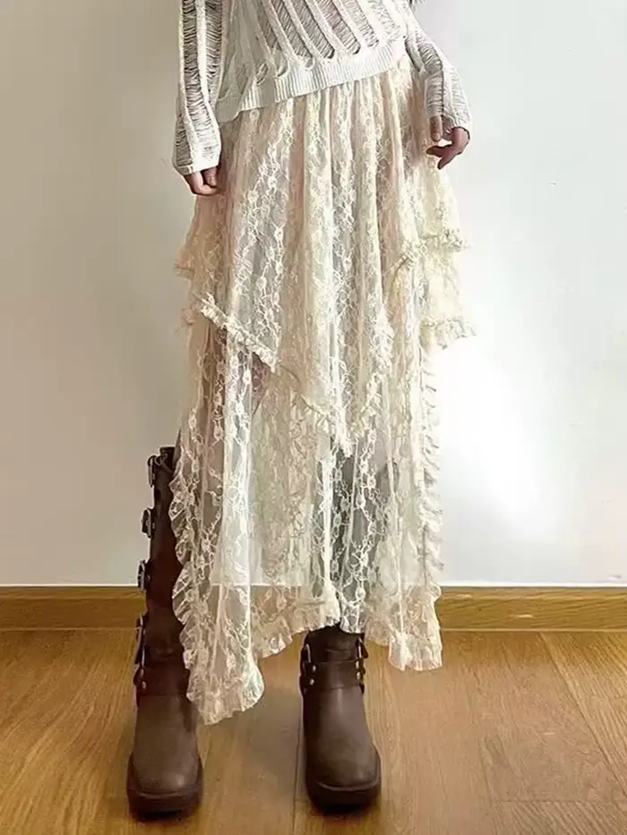 Jupe asymétrique en dentelle Fairycore pour femmes