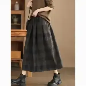Jupe à la mode pour femmes, jupe trapèze chaude à carreaux teints en fil, jupe en laine mi-longue él