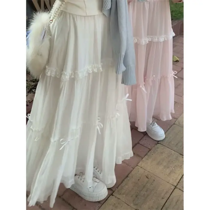 Jupes douces femmes nœud dentelle Patchwork élastique taille haute printemps été 2025 mode japonaise élégante jupe longue femme décontracté