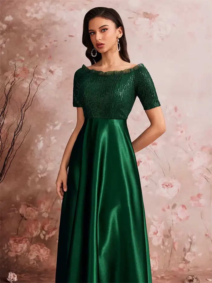 Robe de soirée de luxe en satin vert col en V pour femmes soirées officielles mariages bals cocktail épaules dénudées