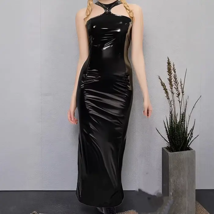 Robe midi en similicuir brillant à épaules dénudées pour femme, robe longue sans manches pour soirée