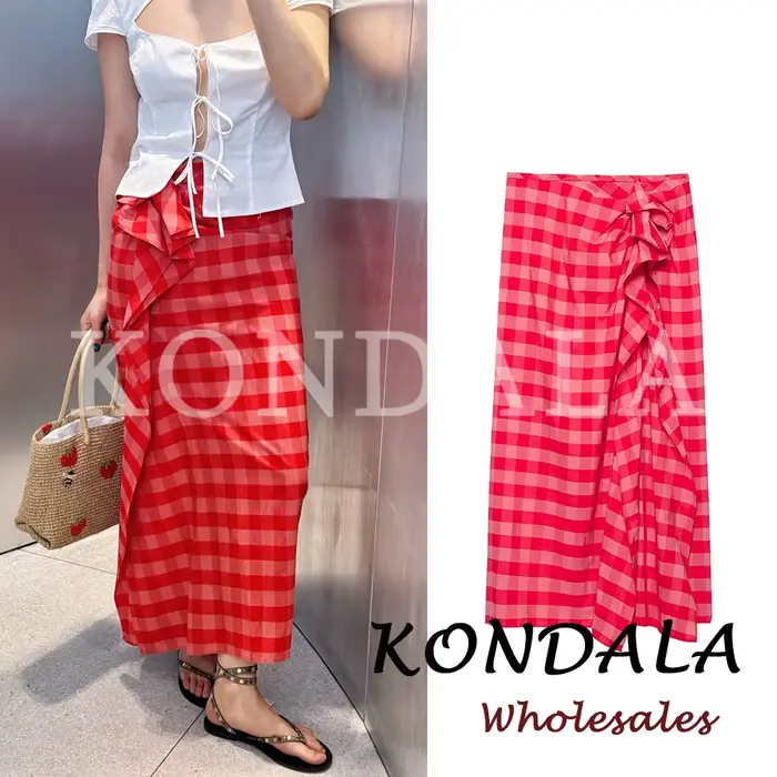 Jupe d'été asymétrique à carreaux rouges KONDALA Chic Streetwear