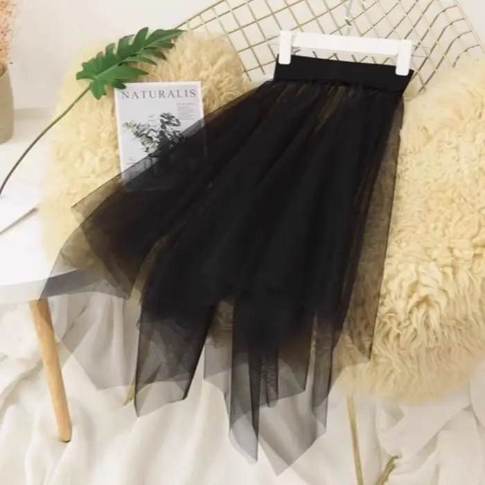 Jupe longue transparente en dentelle et tulle, noire et blanche, style irrégulier, pour fille