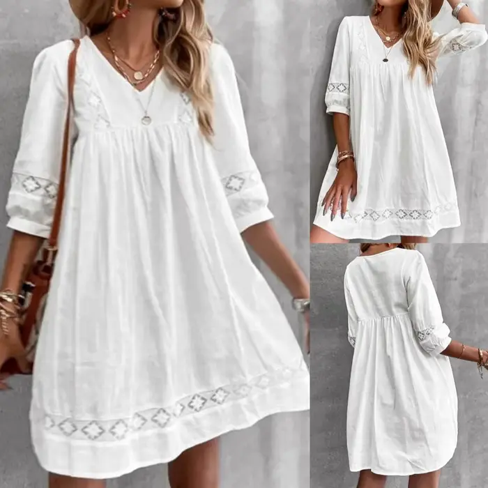 Robe Boho pour femmes, décontractée, en dentelle, col en V, manches courtes, robe de plage, balançoi