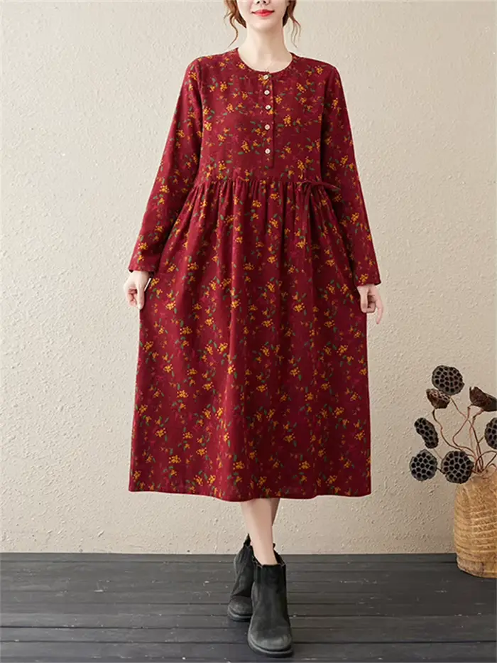 Robes à manches longues en coton et lin à imprimé floral vintage pour femmes