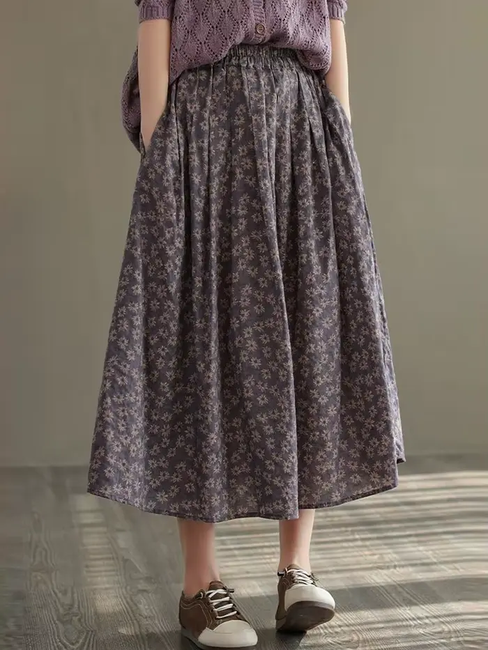 Nouveauté 2025 automne Style Vintage imprimé fleuri ample confortable dames élégante a-ligne jupe longue D536 femmes jupes décontractées