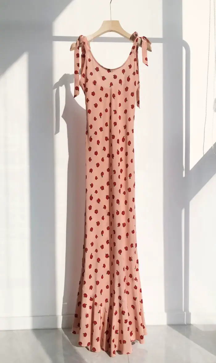 Robe longue rose 100% soie pour femmes, col en U, sans manches, taille haute, élégante, robe féminin