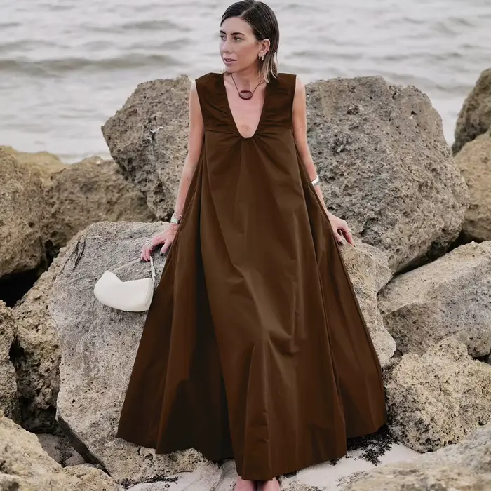 Robe longue décontractée et élégante en lin sans manches pour femme