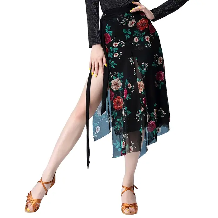 Jupe de danse latine en polyester imprimé floral coloré pour femmes, jupe de danse de salon, tango, salsa, danse de ventre, occasion spéciale