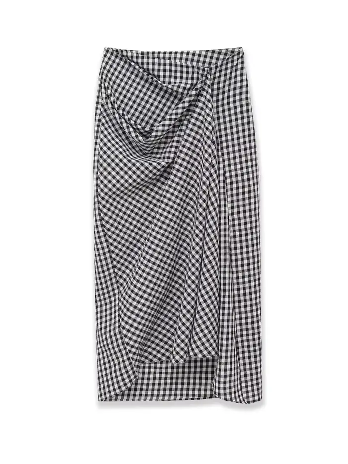Jupe portefeuille élégante à carreaux vichy taille haute asymétrique fendue mi-longue pour femme ETJ