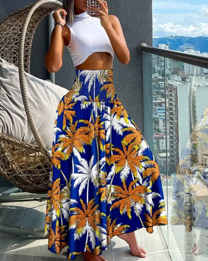 Jupe longue pour femme à taille haute et élastique, style bohème, imprimé géométrique, fluide, maxi,