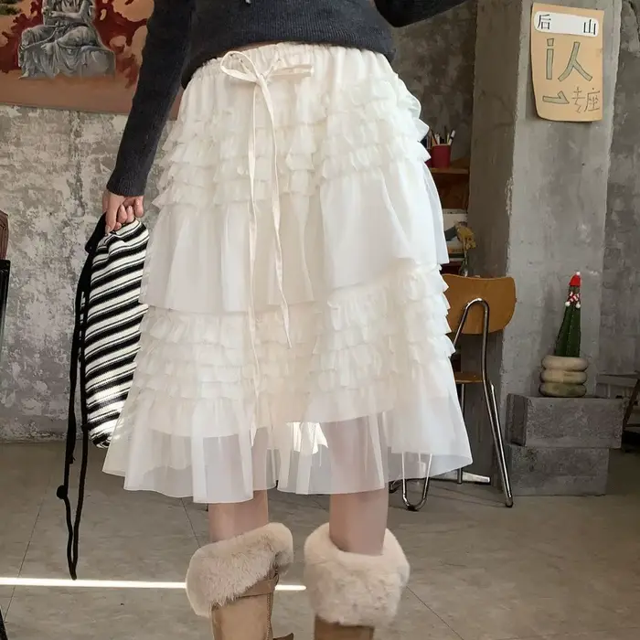 Jupe en maille française pour femme, collection Printemps 2026, taille haute, coupe ample à plis en