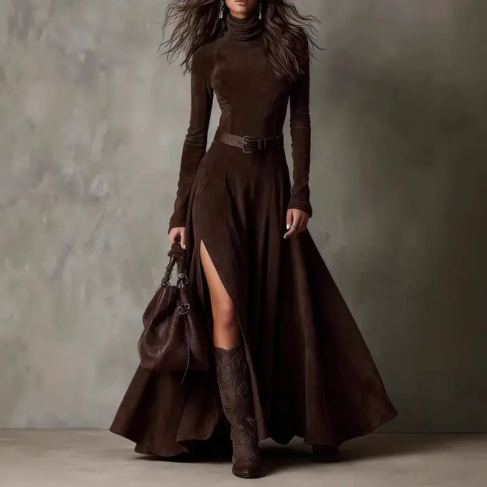 Robe élégante à manches longues et col montant pour femme