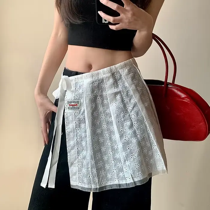 Jupe mi-longue ajourée en dentelle superposée avec ceinture, jupe d'été en gaze pour femme, accessoi