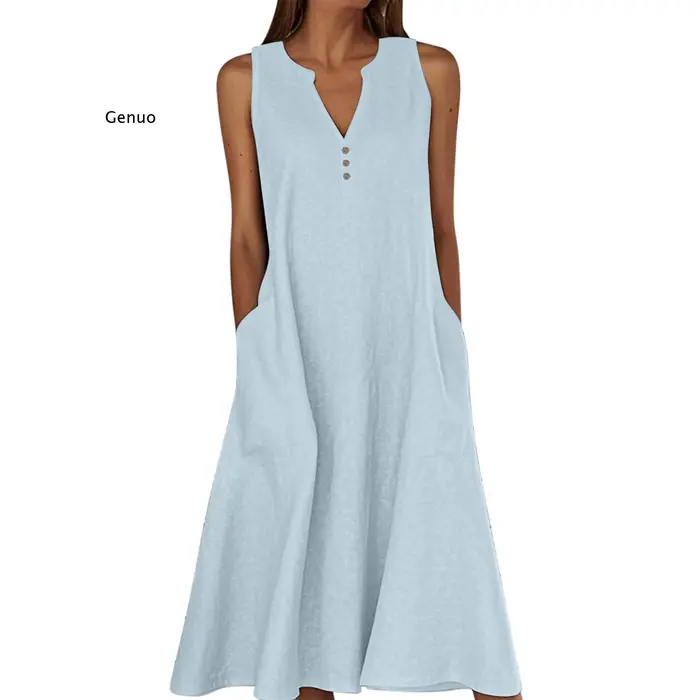 Robe sans manches en coton et lin pour femme 2026 à col en V et coupe évasée pour les occasions estivales et quotidiennes