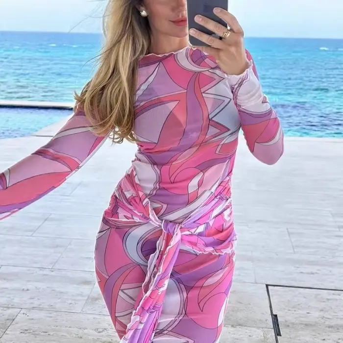 Robe bohème imprimer moulante avec corset mince stretch pour femmes occasions spéciales sexy à manches longues